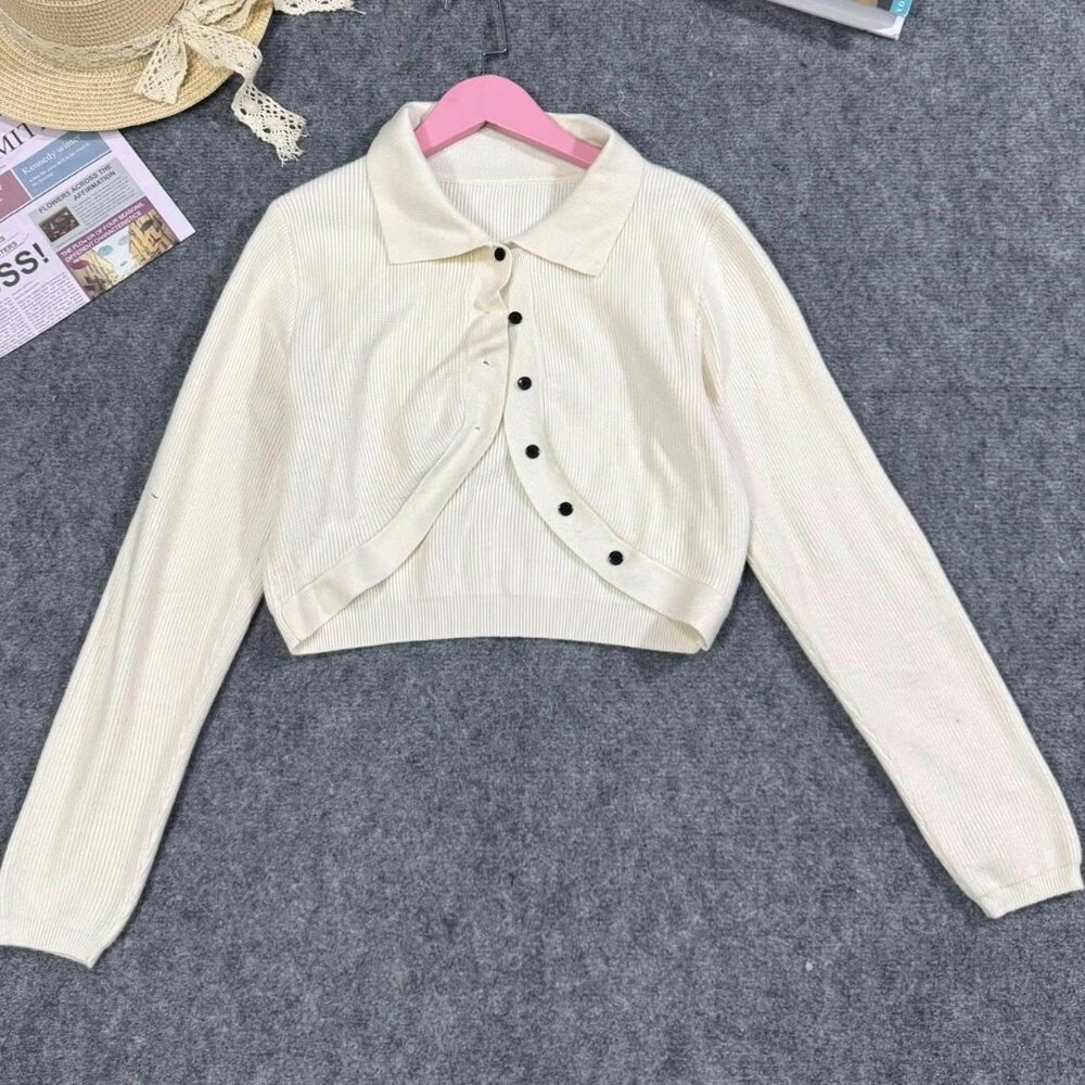 Cream Cropped Knit Cardigan Button Front Cute Top